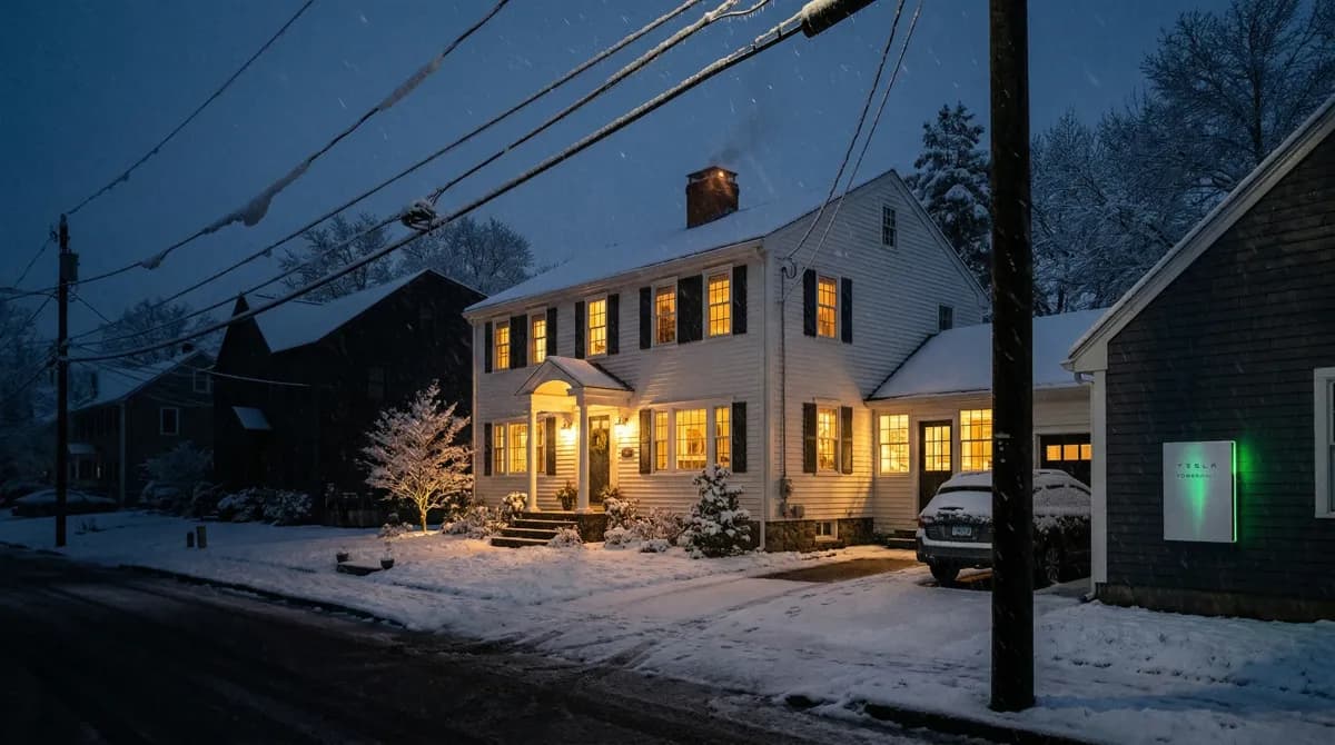 Home with lights on during a snowstorm while neighbors are dark — battery backup in action