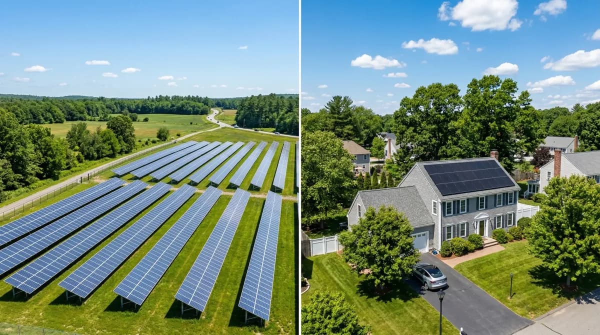 Split image showing community solar farm and residential rooftop solar panels