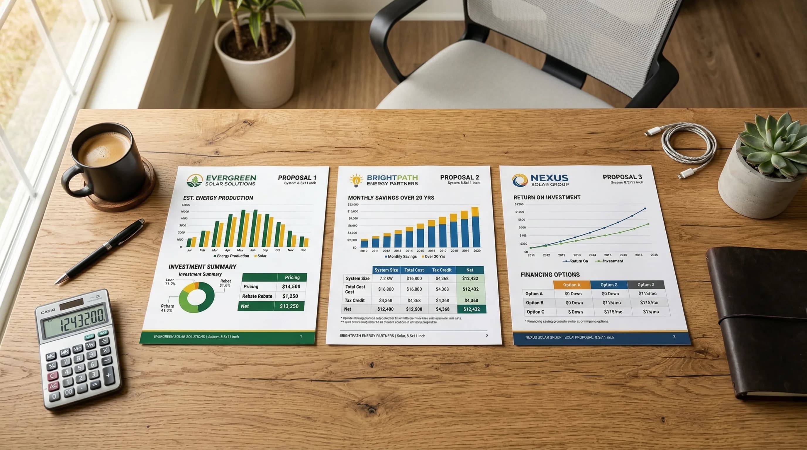 Solar proposals spread out on a desk for comparison