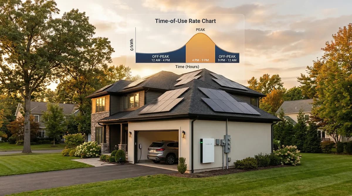 Connecticut suburban home with rooftop solar panels and home battery system showing time-of-use rate optimization