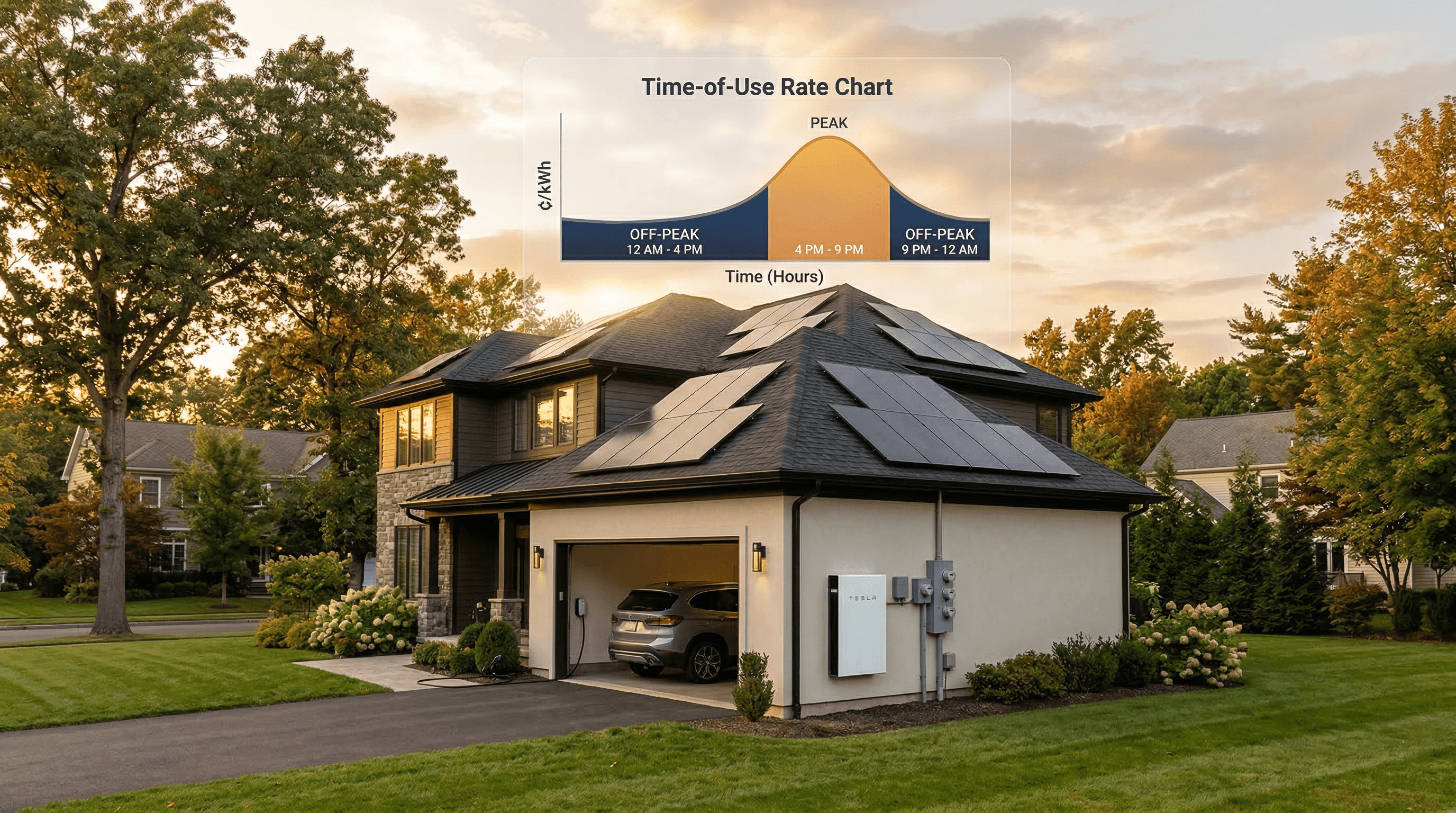 Connecticut suburban home with rooftop solar panels and home battery system showing time-of-use rate optimization