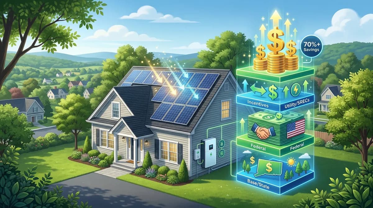 Connecticut solar incentive stack visualization with suburban home and battery
