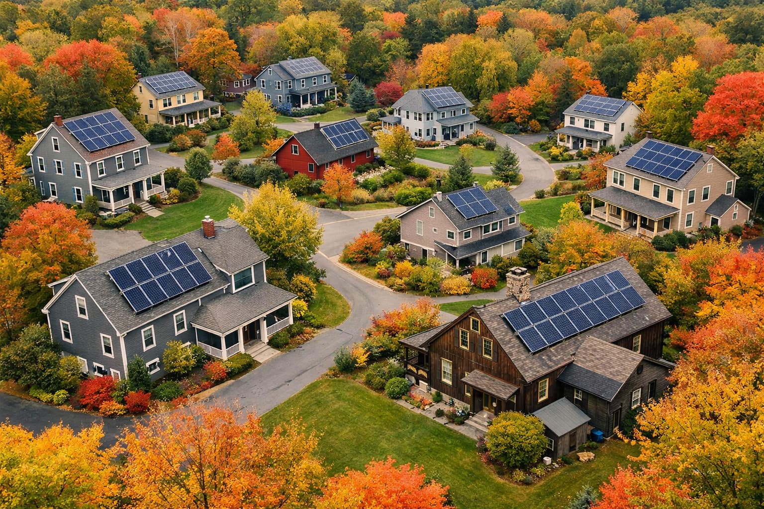 New England neighborhood with solar-powered homes