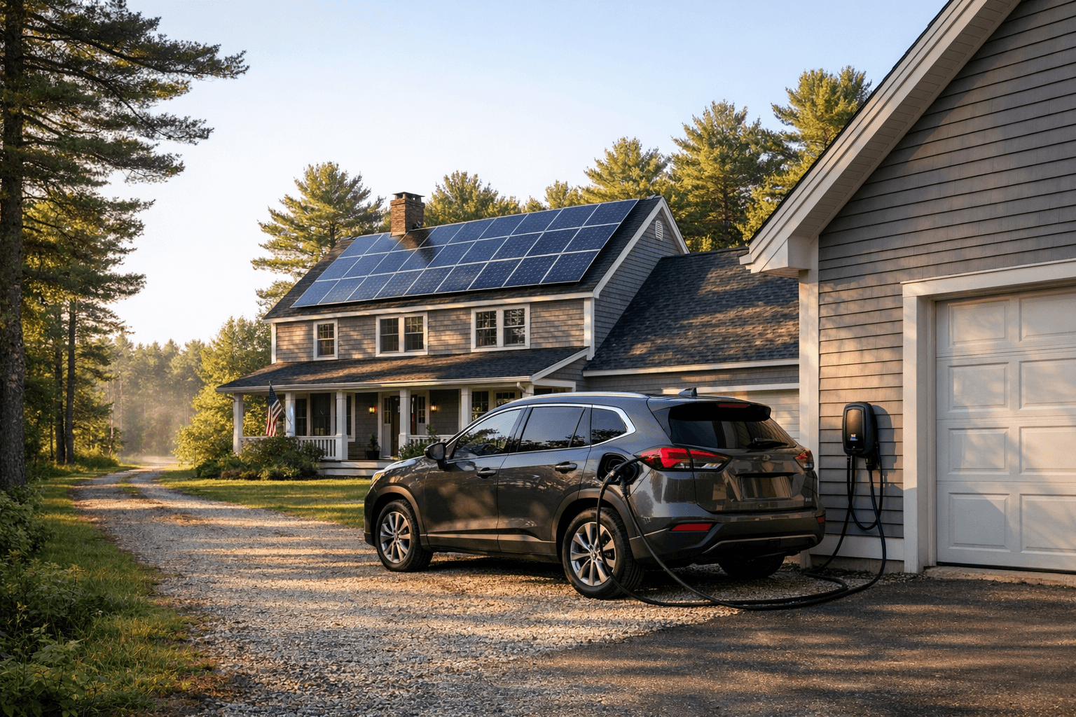 Maine home with solar panels and EV charging in driveway