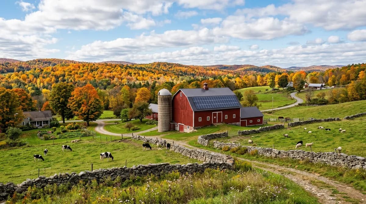 Solar panels on a New England farm barn roof with autumn foliage