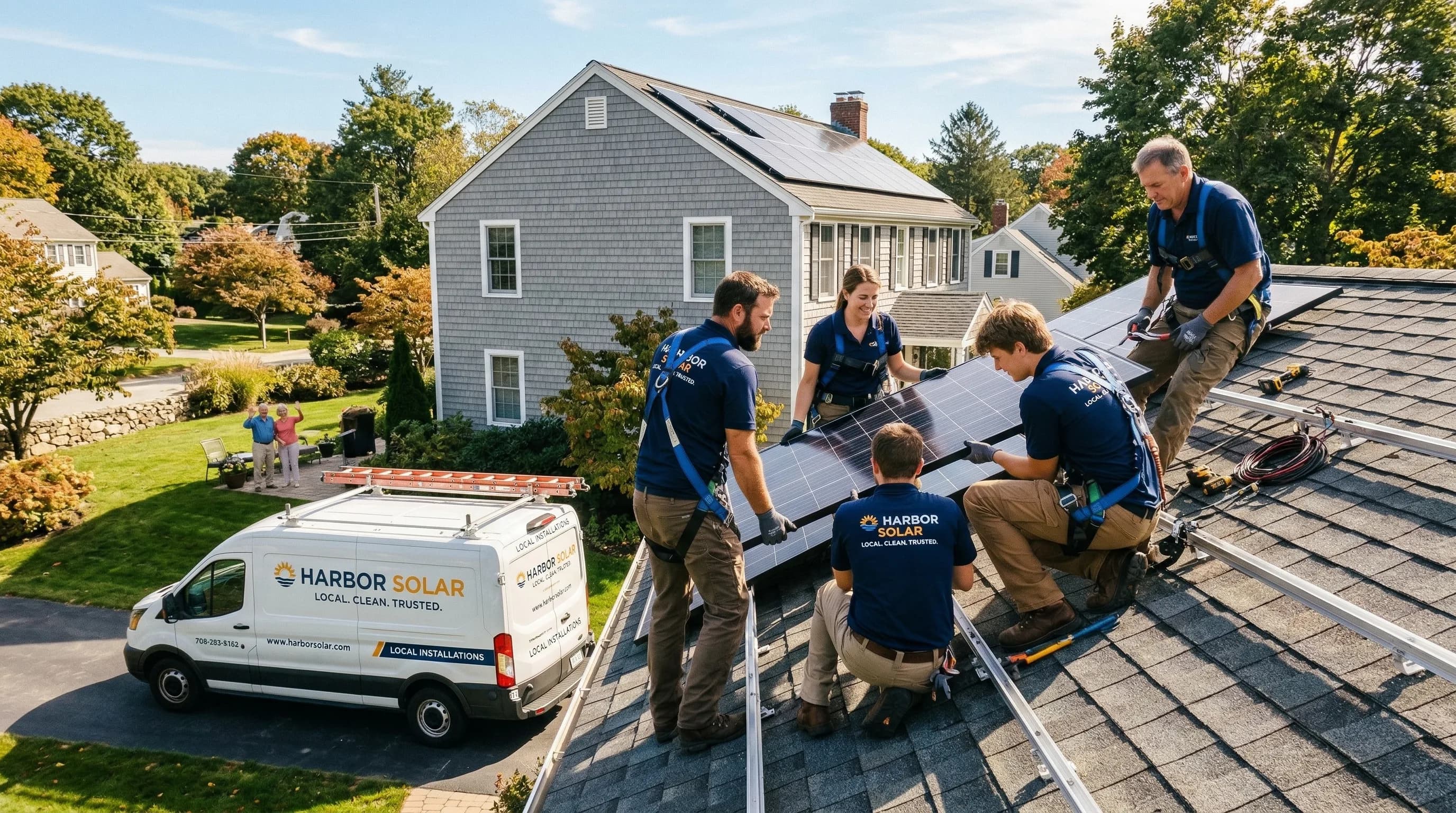 Local solar installation crew on a residential rooftop with company truck in driveway