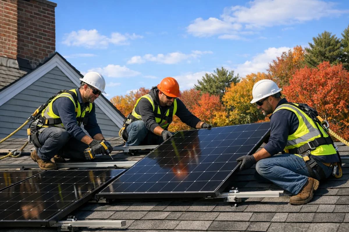 Solar installation crew on a Massachusetts residential roof