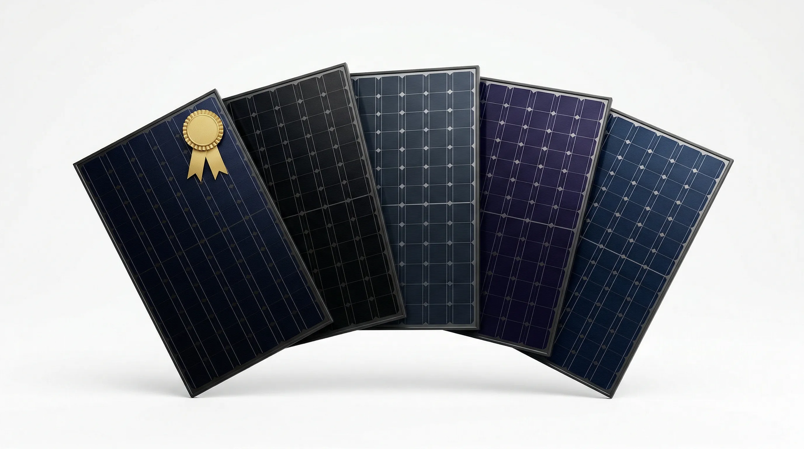 Five premium solar panels arranged for comparison showing different manufacturer brands
