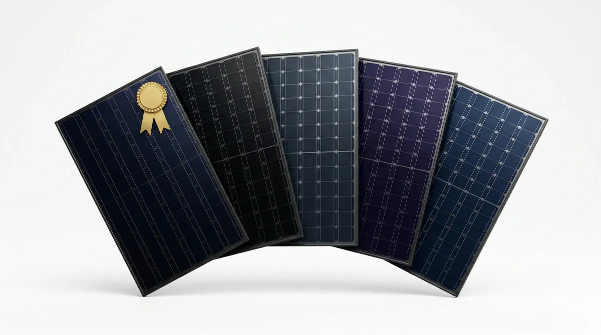Five premium solar panels arranged for comparison showing different manufacturer brands