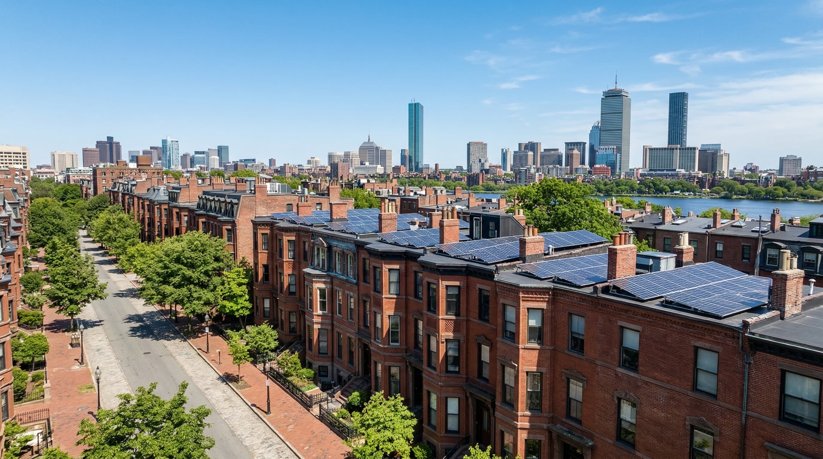 Boston brownstones with solar panels on rooftops and city skyline
