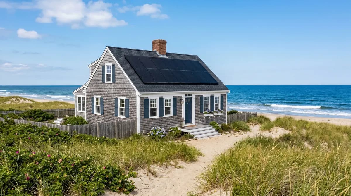 Cape Cod shingled cottage with solar panels near the ocean