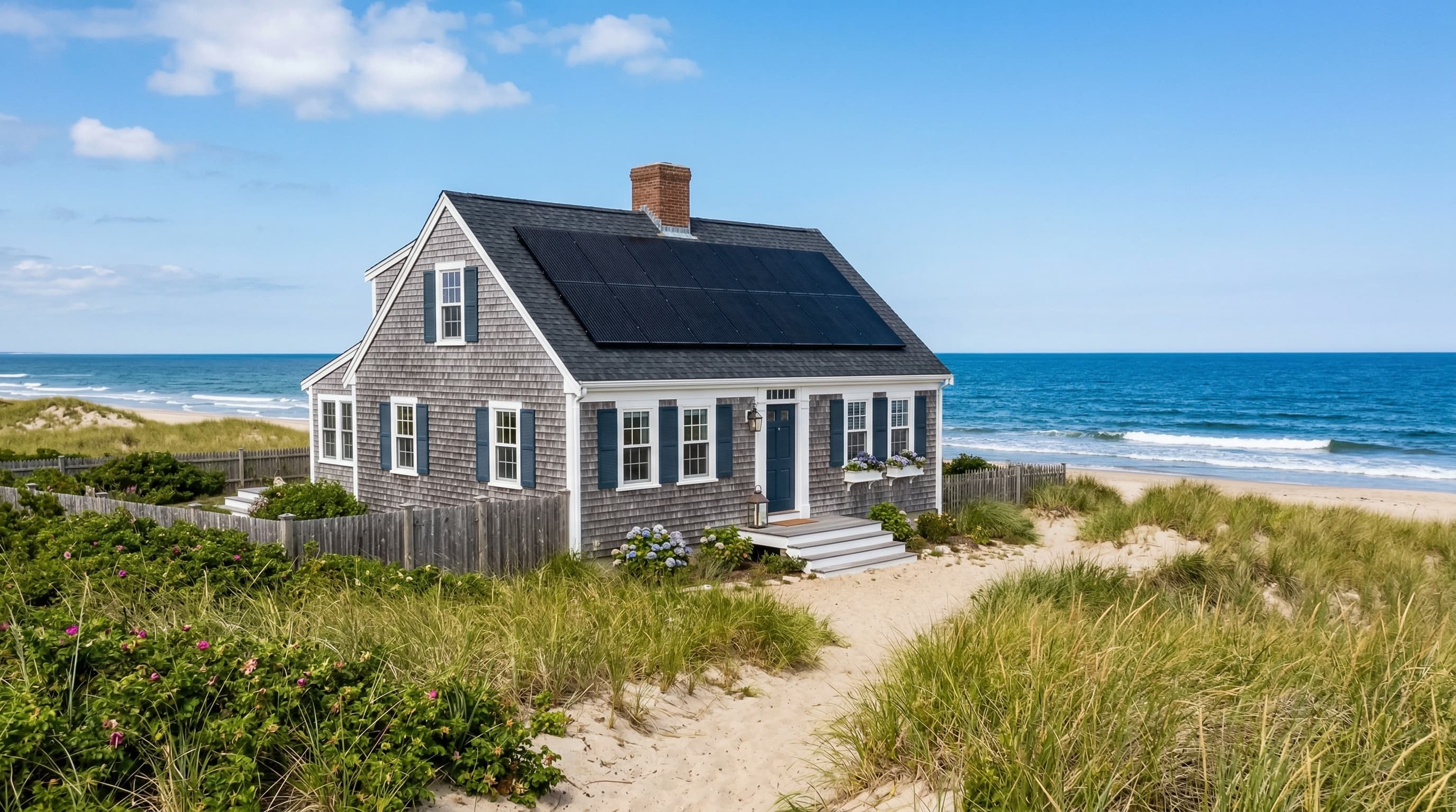 Cape Cod shingled cottage with solar panels near the ocean