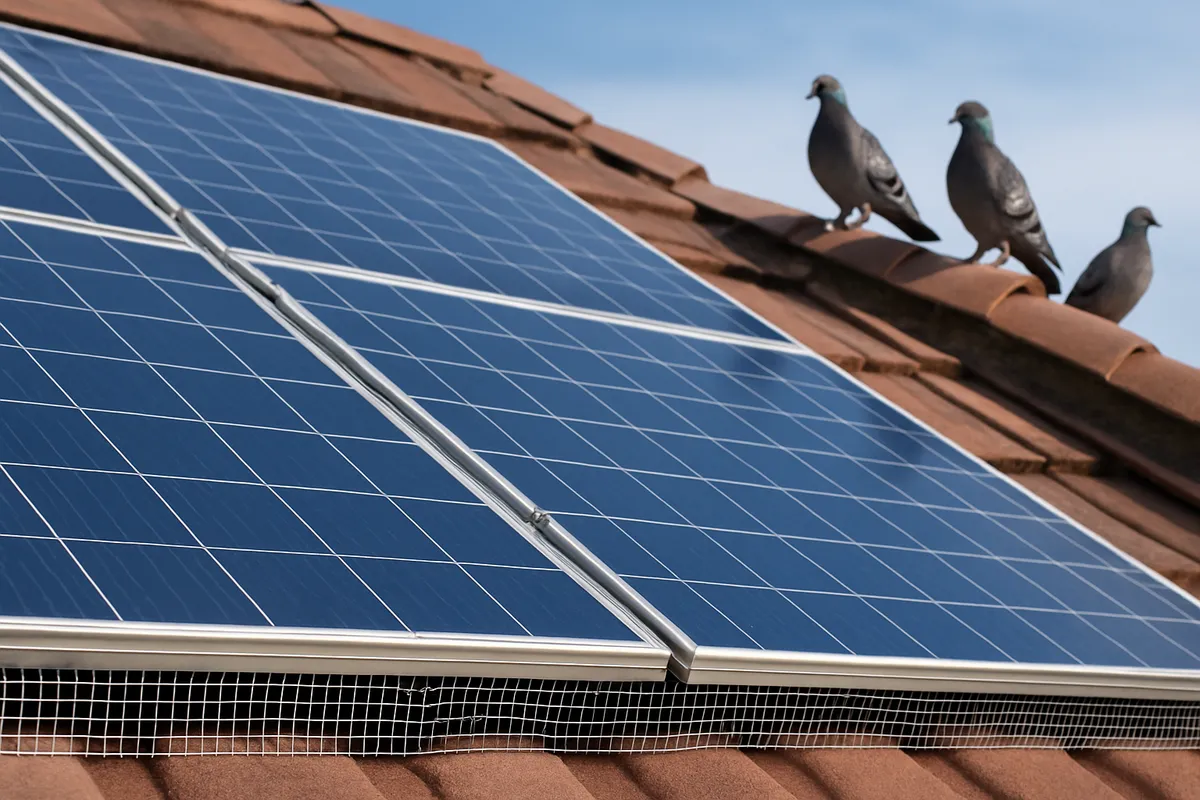 Solar panels on residential roof with metal mesh critter guard preventing bird nesting