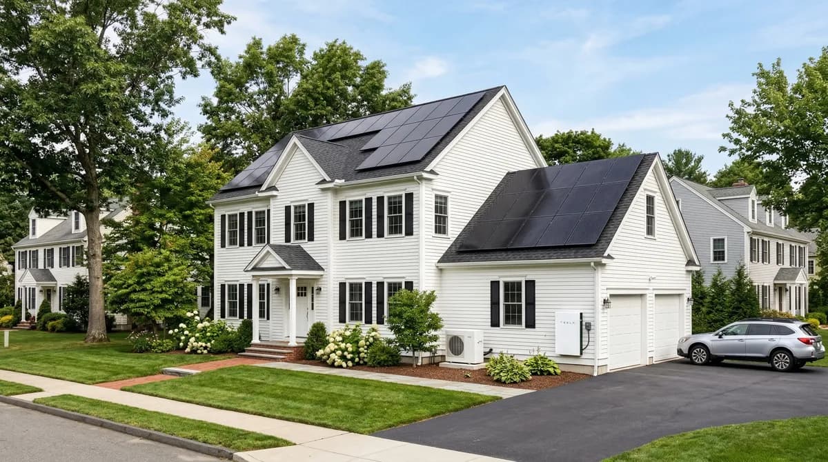 Massachusetts home with solar panels, heat pump, and battery storage