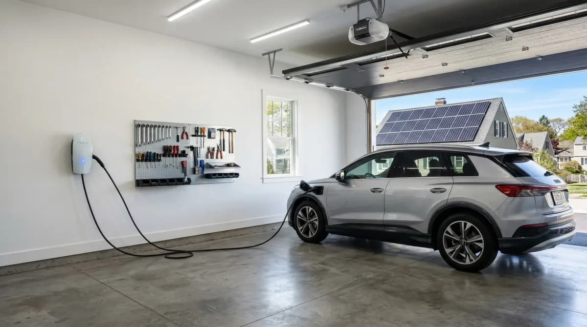 Modern garage with EV charging station and solar panels visible on the roof