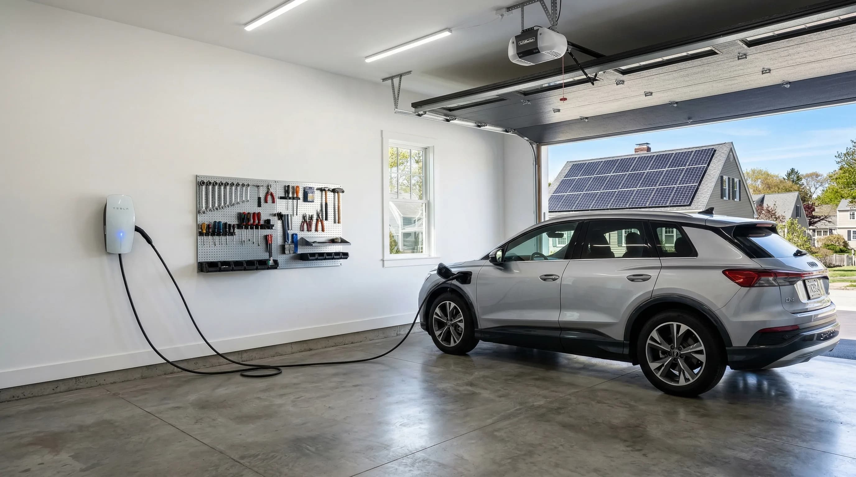 Modern garage with EV charging station and solar panels visible on the roof