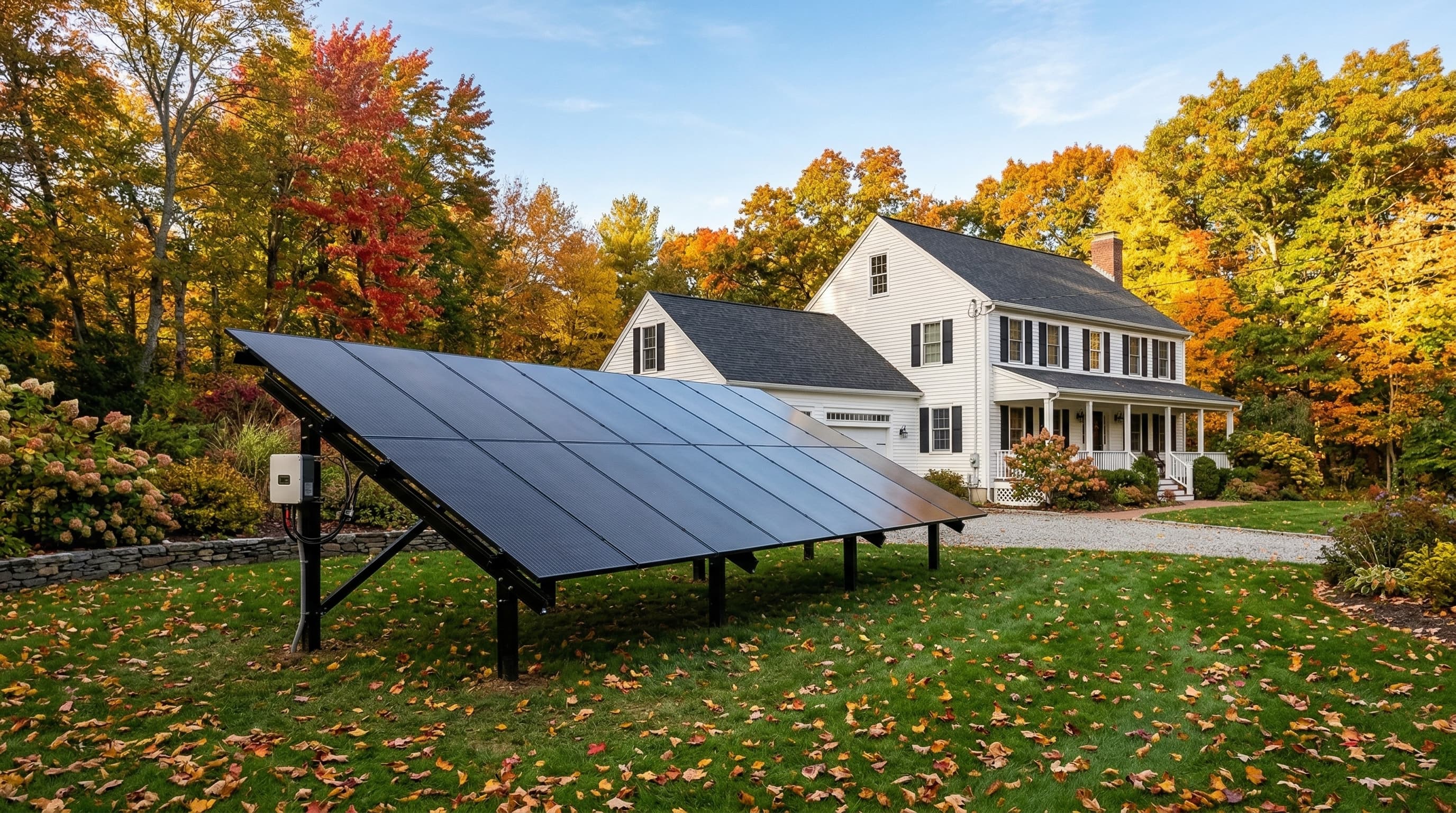 Ground-mounted solar panel array in a Massachusetts backyard with autumn foliage and a New England colonial home in the background