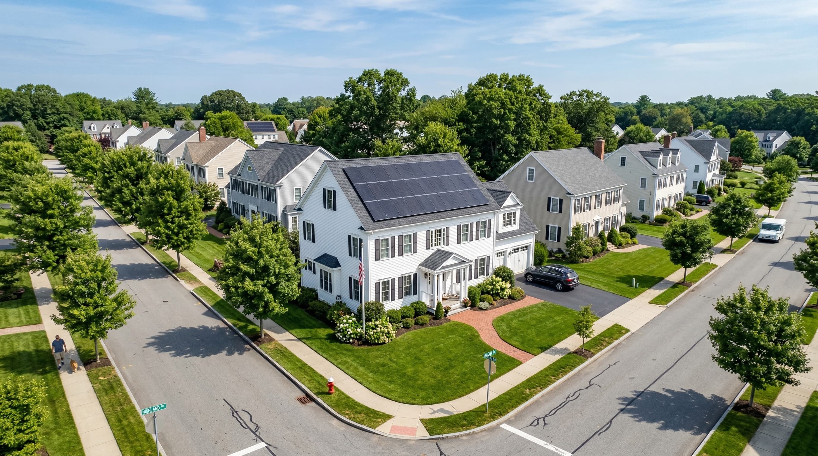 Suburban Massachusetts neighborhood with solar panels on one home in HOA setting