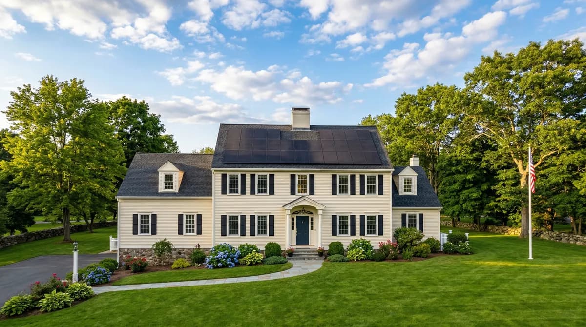 Massachusetts colonial home with solar panels on a south-facing roof, blue sky with scattered clouds