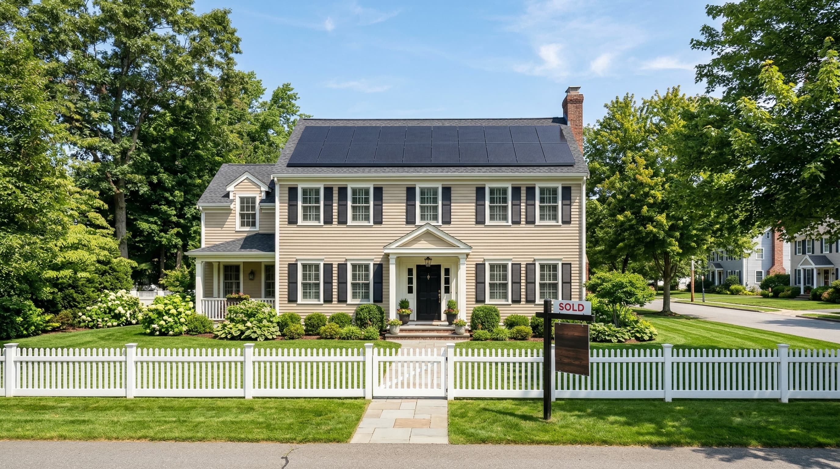 Massachusetts colonial home with solar panels and SOLD sign