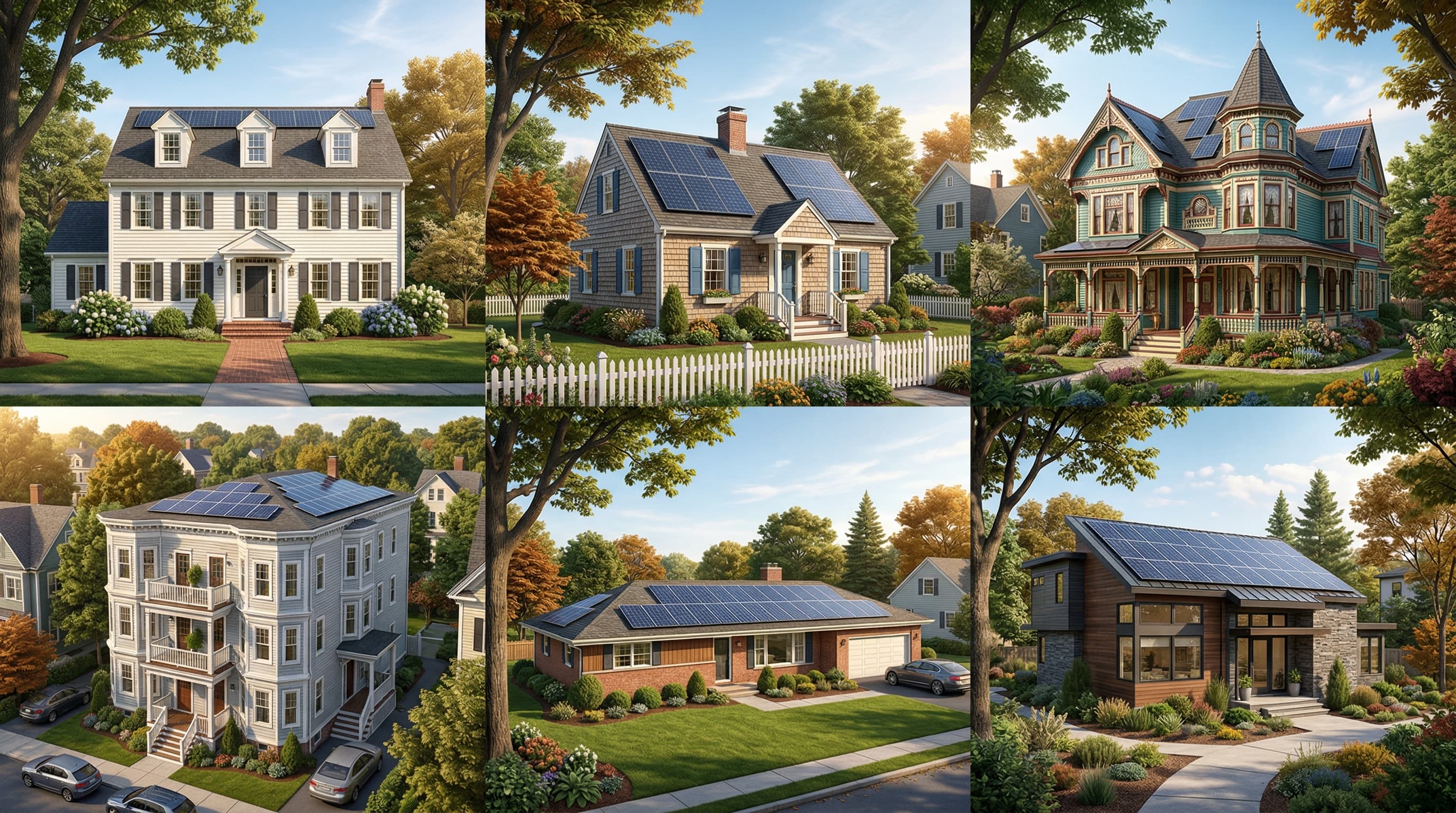 Six common Massachusetts housing styles — colonial, cape cod, victorian, triple-decker, ranch, contemporary — with solar panels