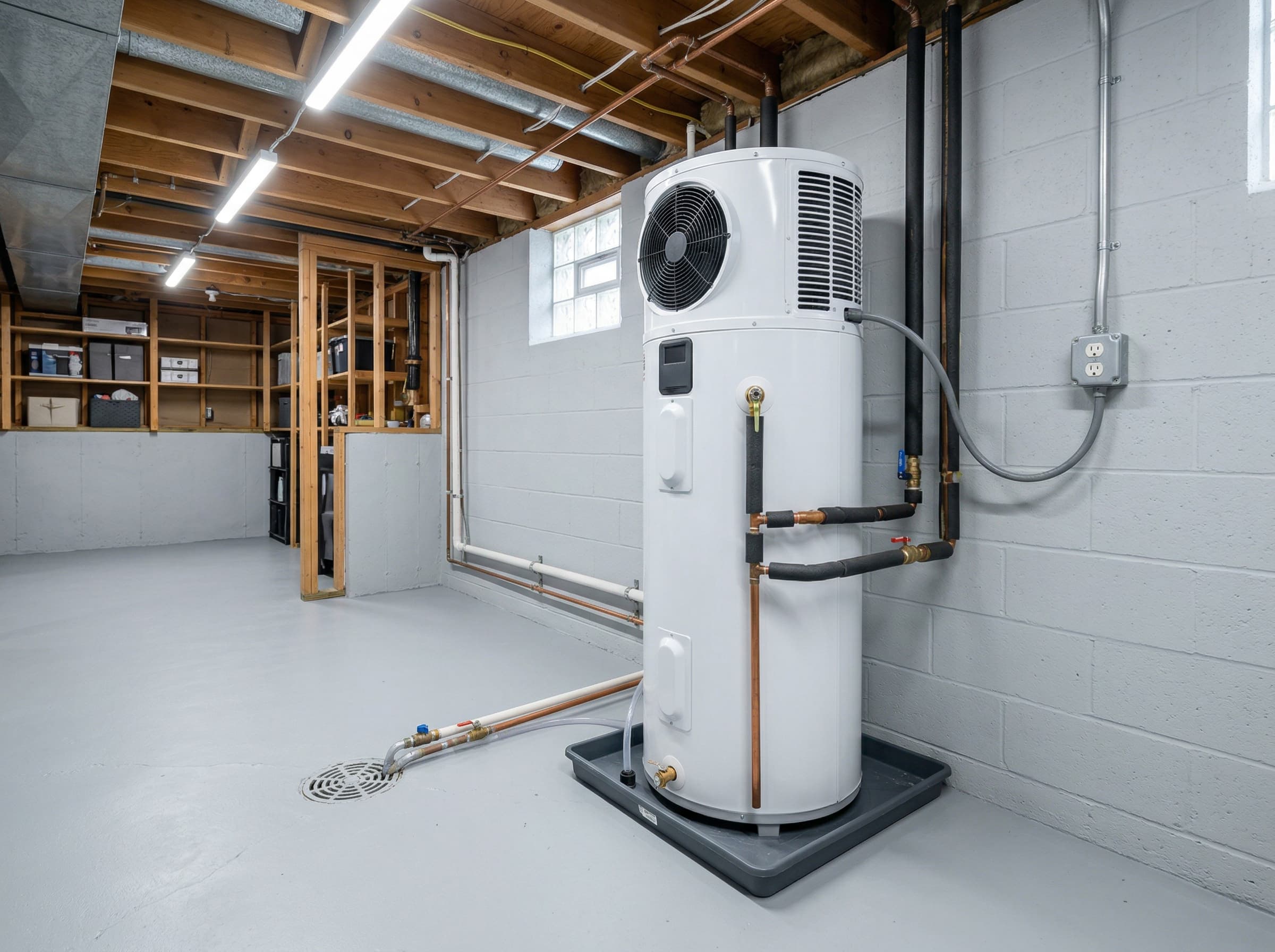 Heat pump water heater installed in a Massachusetts basement with proper clearance