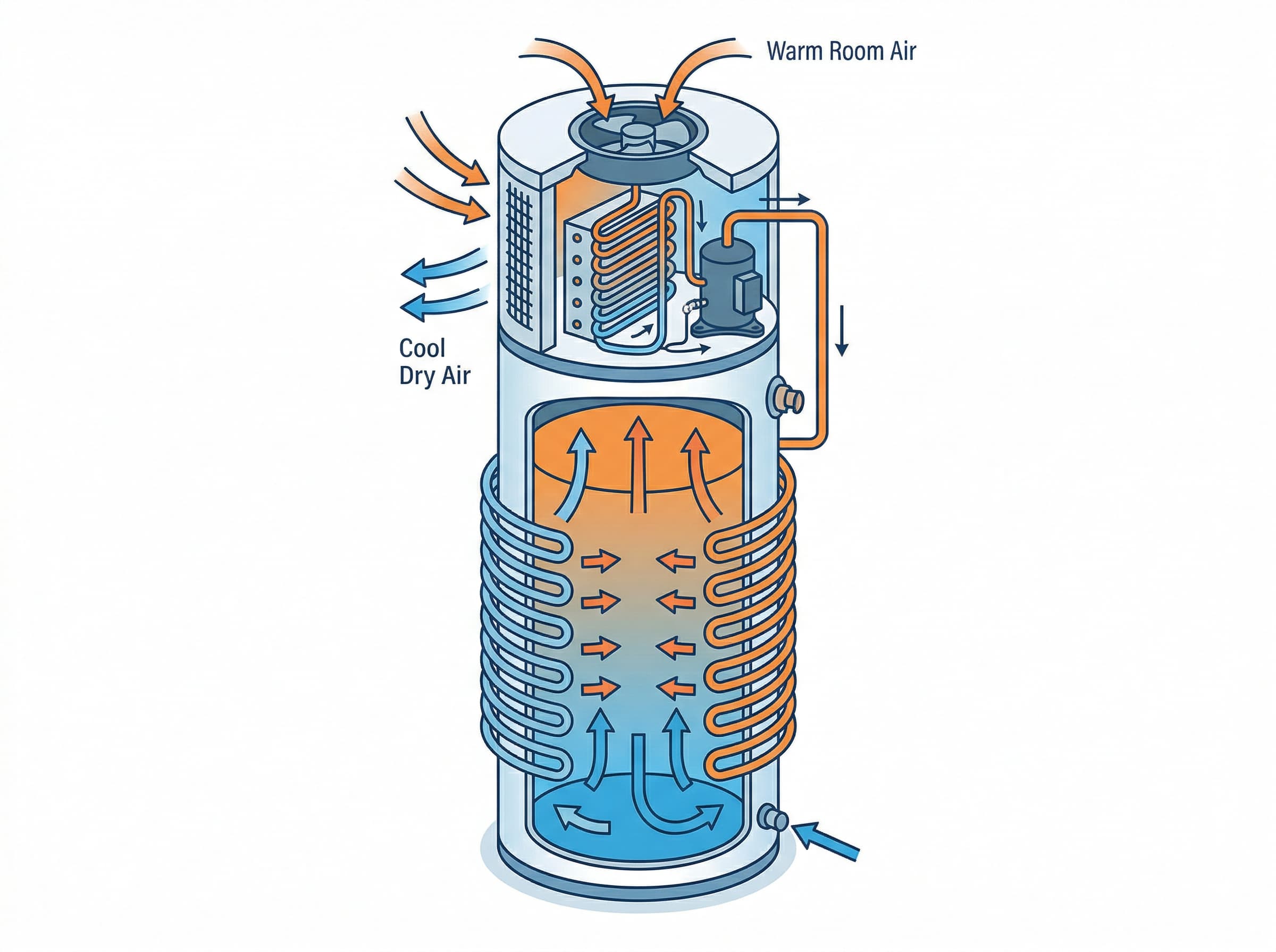Diagram showing how a heat pump water heater extracts heat from air to heat water