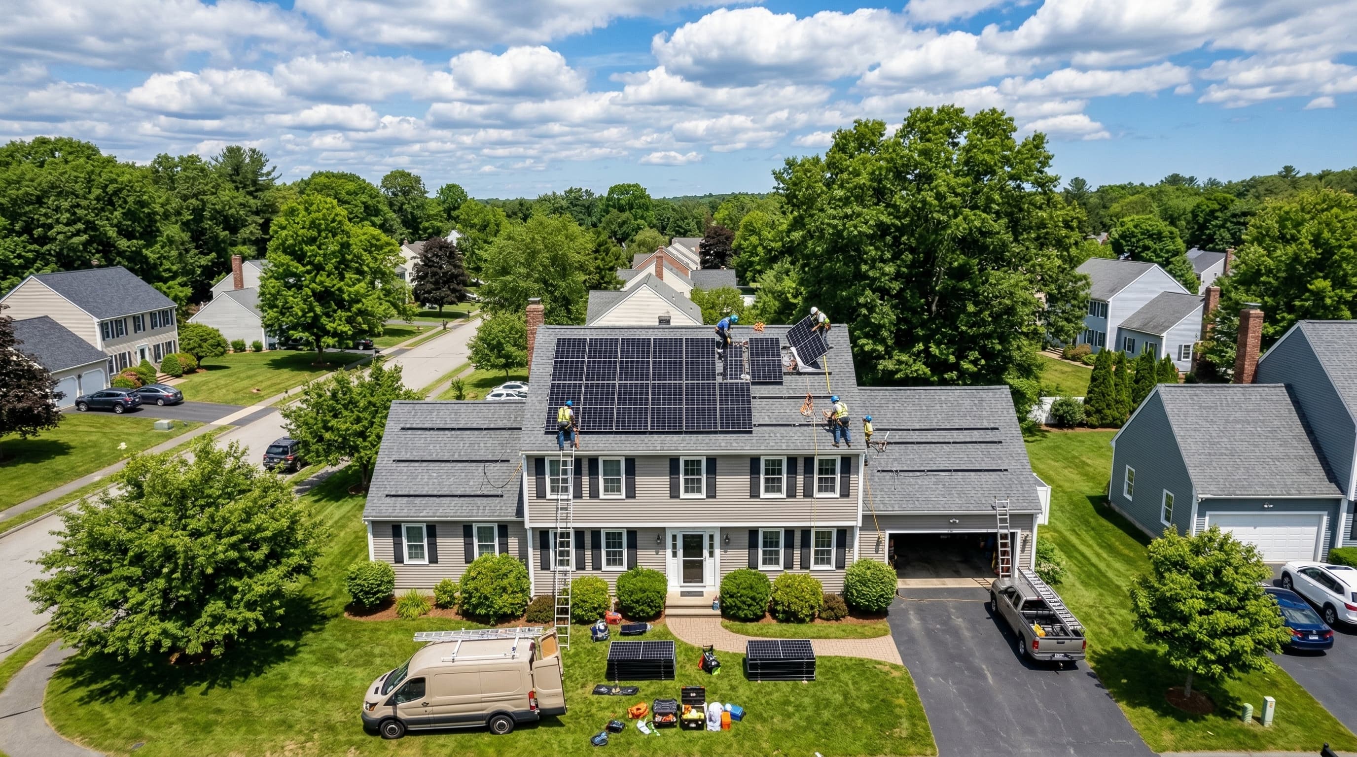 Solar panel installation in progress on a Massachusetts home