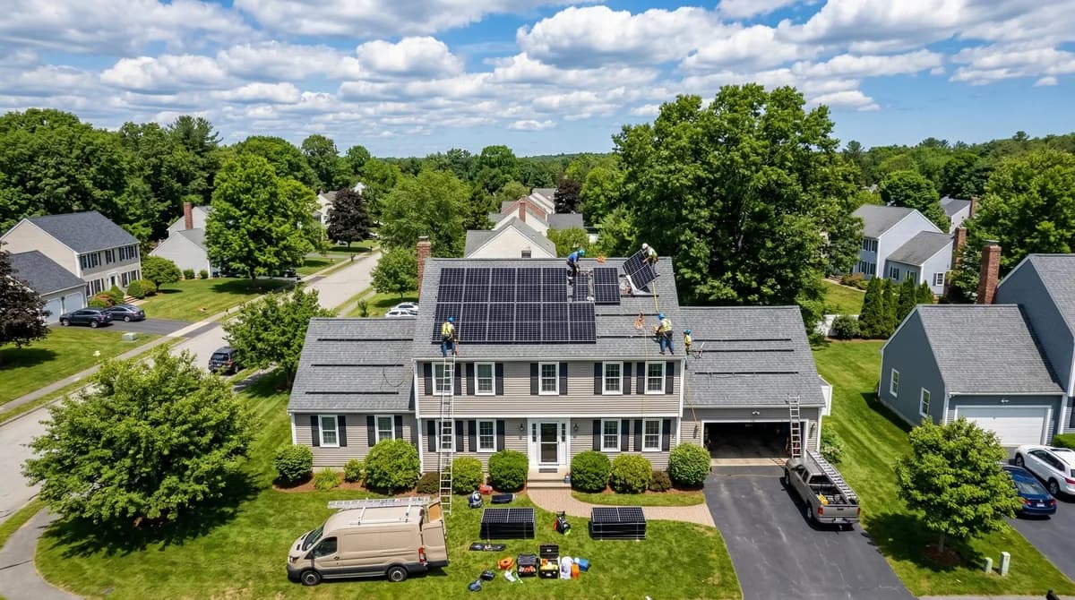 Solar panel installation in progress on a Massachusetts home