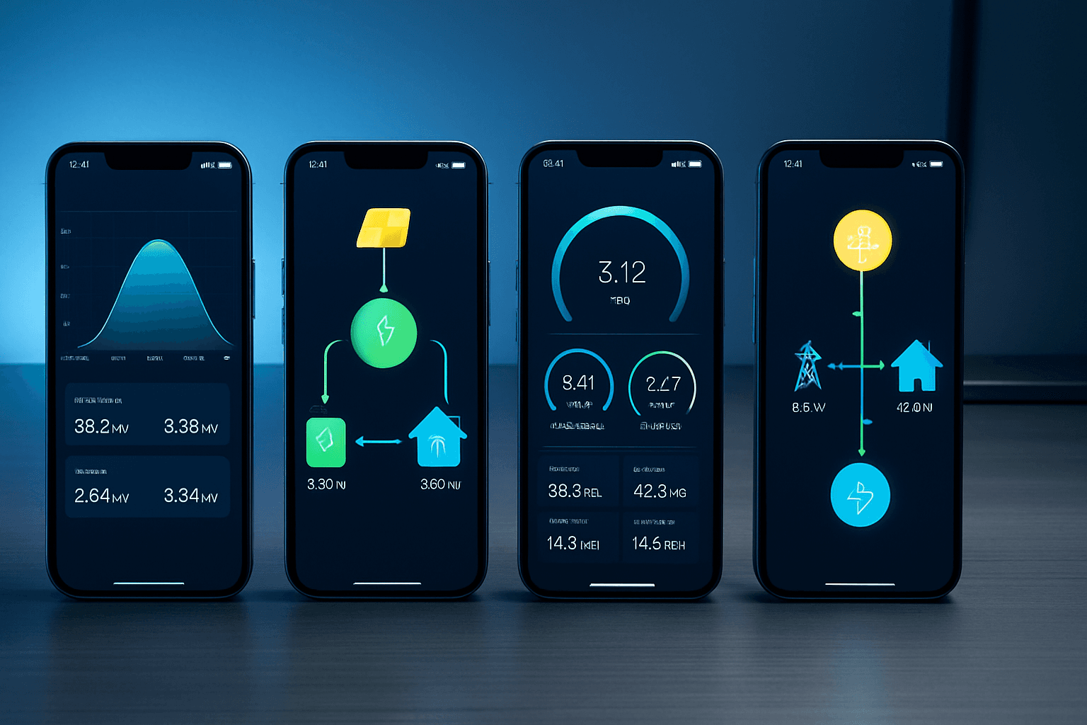Four solar monitoring app dashboards compared side by side — Enphase Enlighten, SolarEdge mySolarEdge, Tesla, and Hoymiles S-Miles