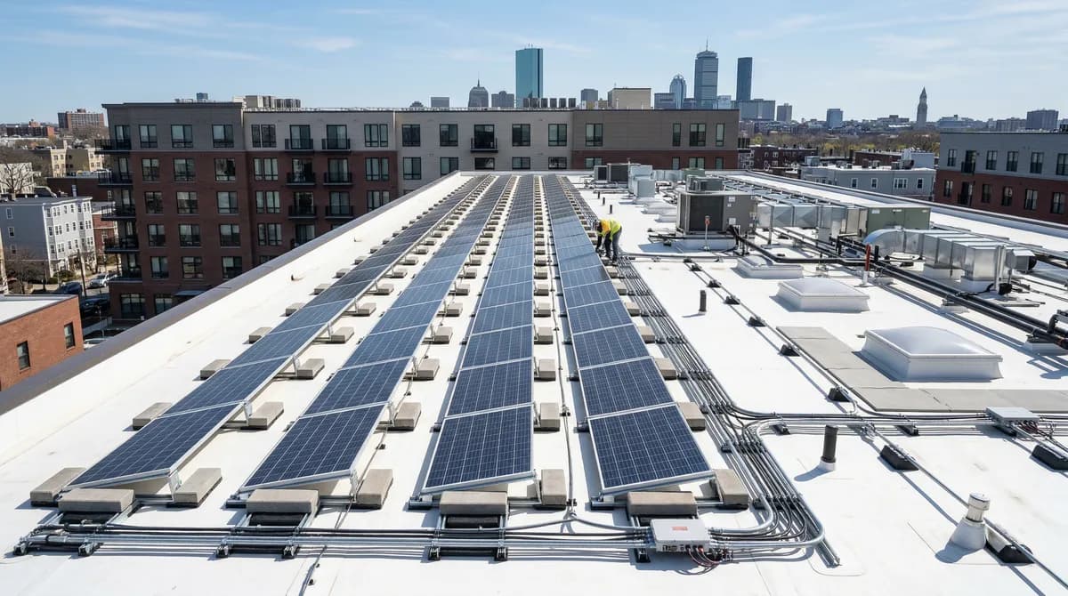 Solar panels installed on flat roof of Massachusetts apartment building