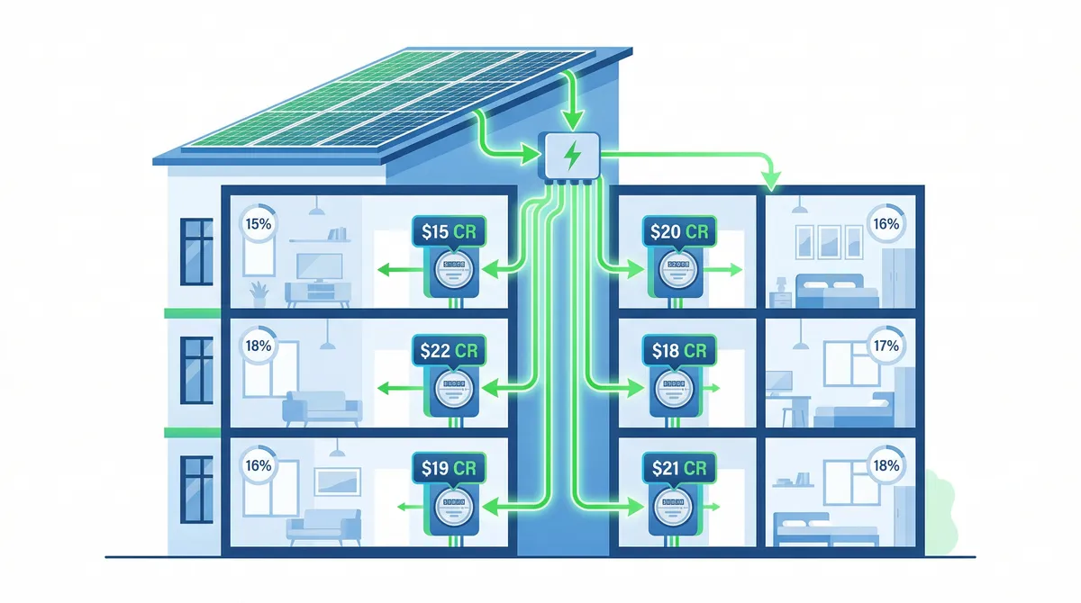 Virtual net metering credit flow diagram for multi-family apartment building