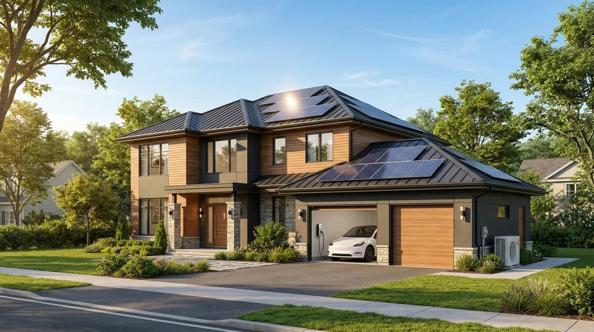 Modern Massachusetts home built to net-zero-ready standards with solar panels and heat pump