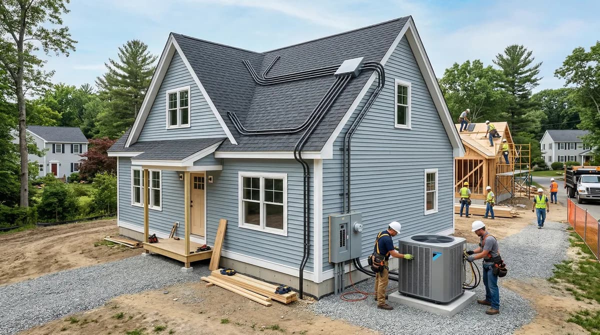 New construction home in Massachusetts showing solar-ready roof conduit and heat pump installation