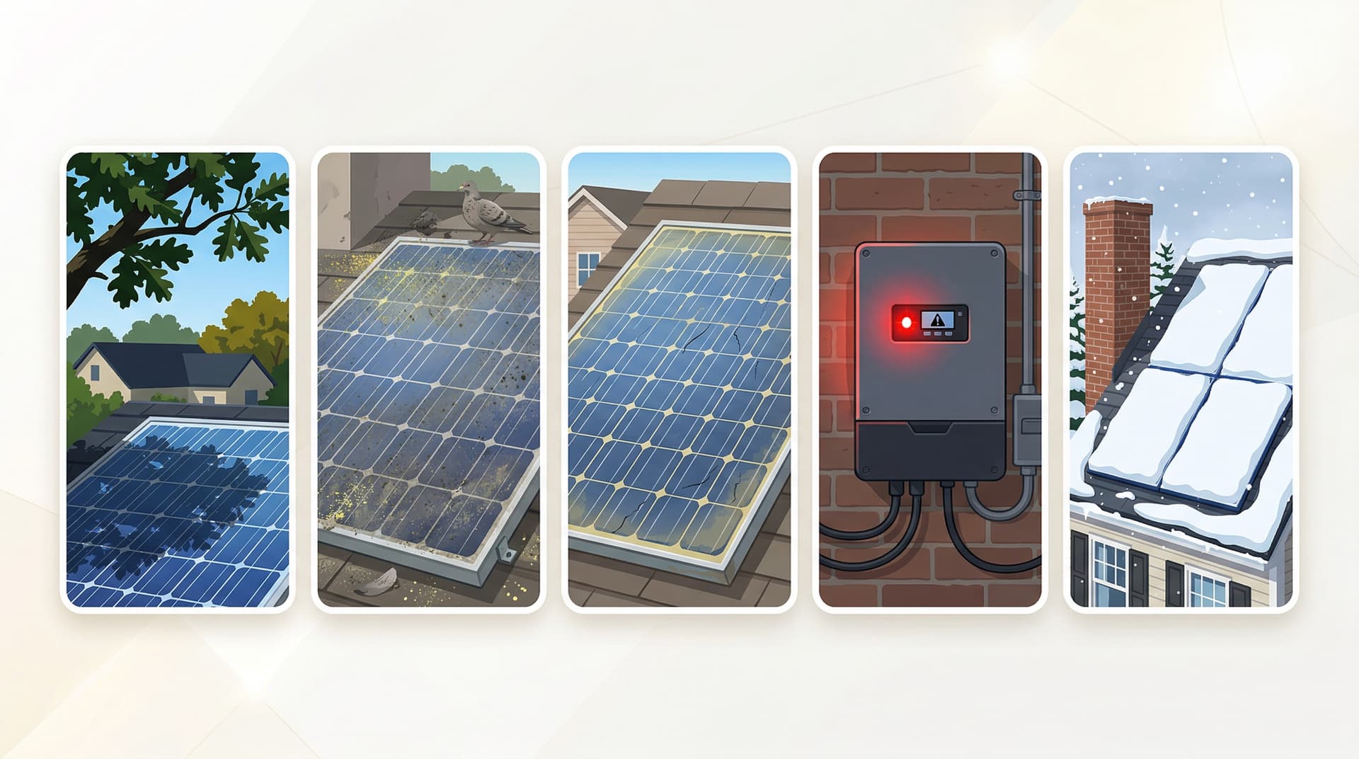 Five common causes of solar production drops in Massachusetts: shade, soiling, degradation, equipment, snow