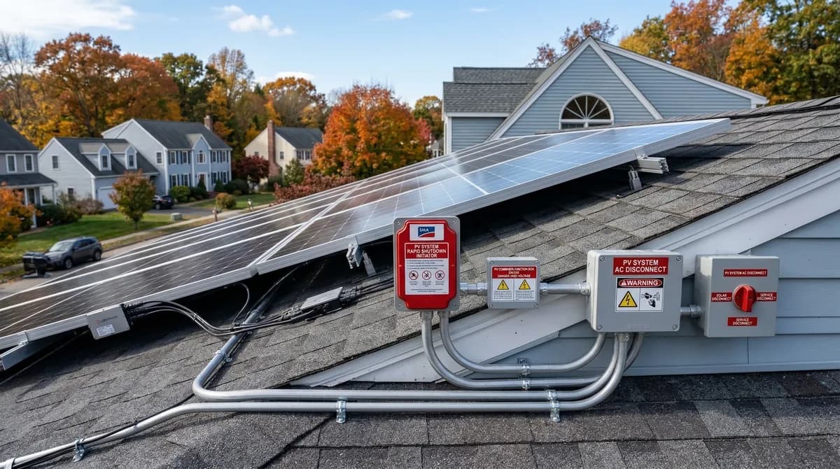 Solar panel array on a Massachusetts residential roof showing rapid shutdown equipment and safety labeling