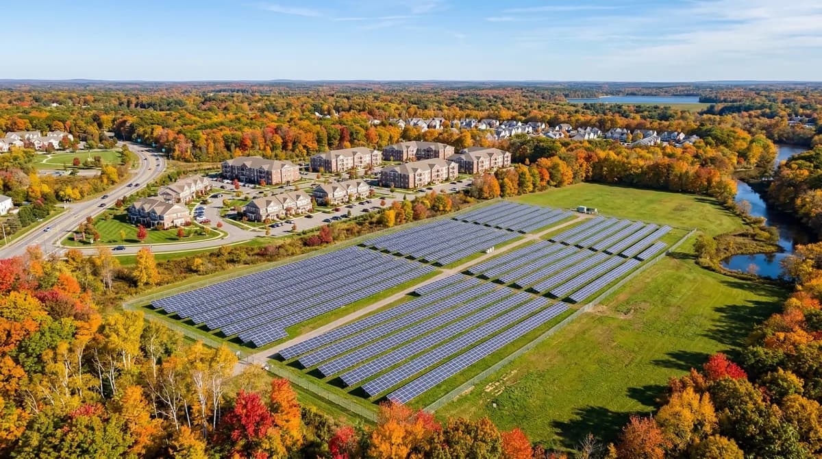 Massachusetts community solar farm with condominiums in background