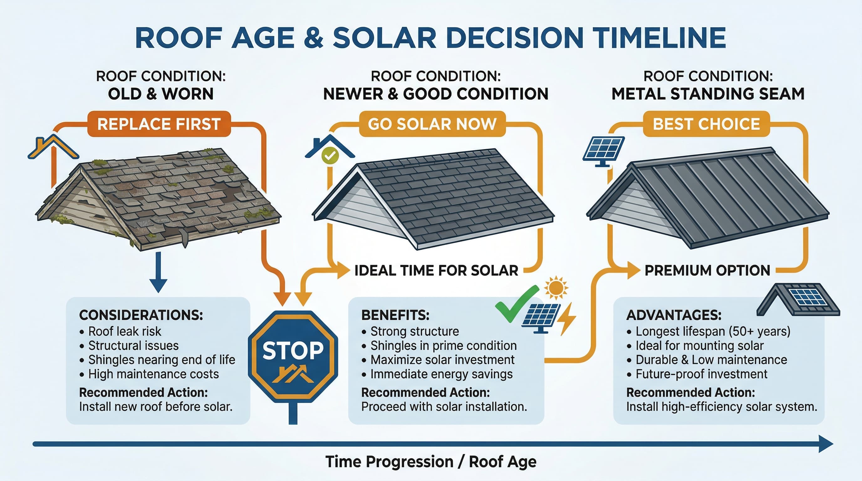 Diagram showing roof age decision tree for solar installation in Massachusetts