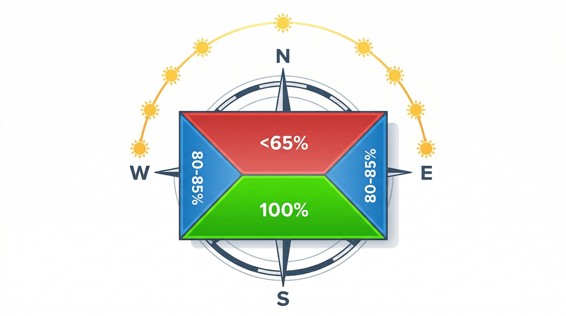 Diagram showing solar panel production by roof orientation in Massachusetts — south-facing at 100%, east/west at 80-85%, north below 65%