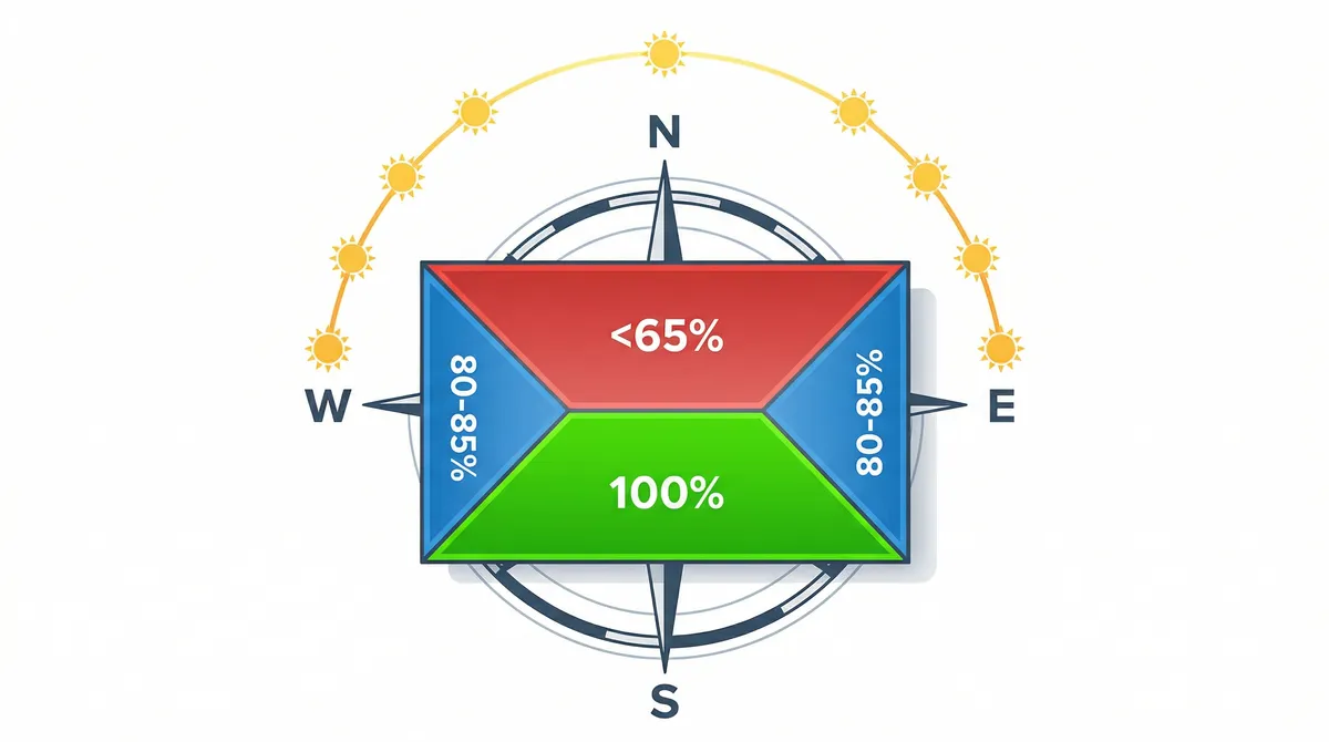 Diagram showing solar panel production by roof orientation in Massachusetts — south-facing at 100%, east/west at 80-85%, north below 65%