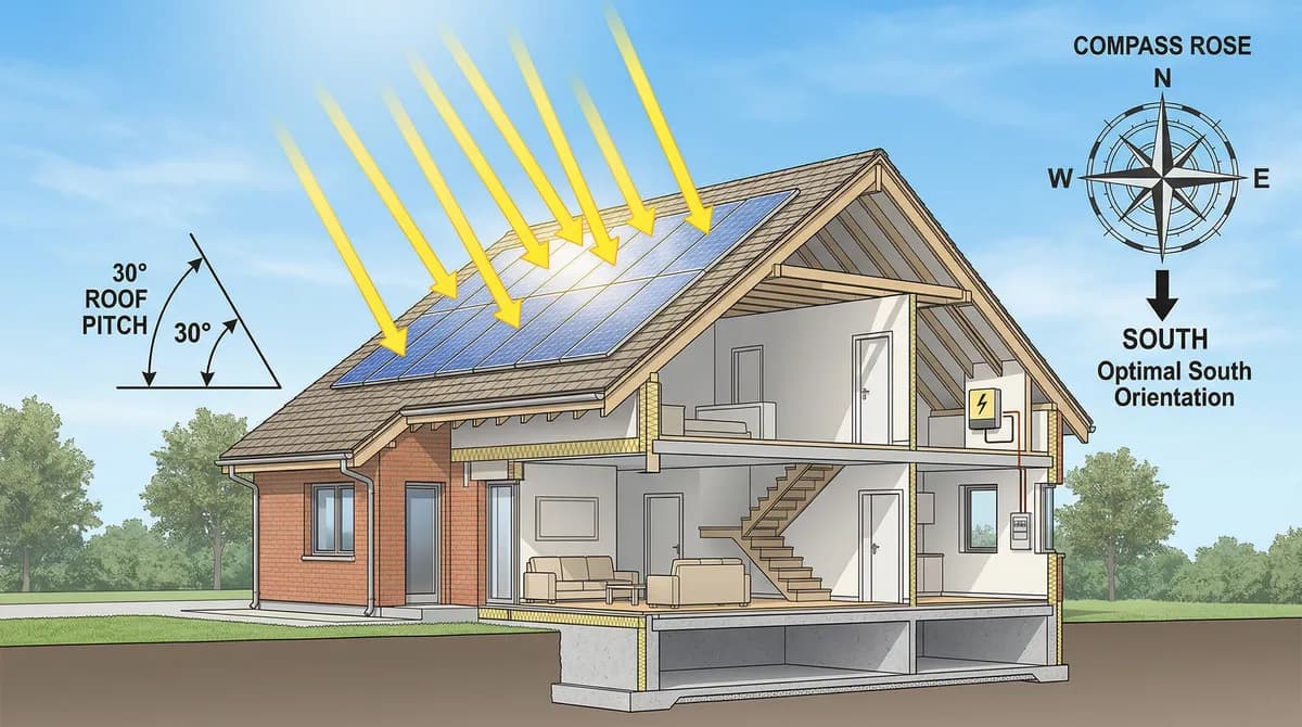 Diagram showing optimal roof pitch and orientation for solar panels at 42 degrees north latitude in Massachusetts