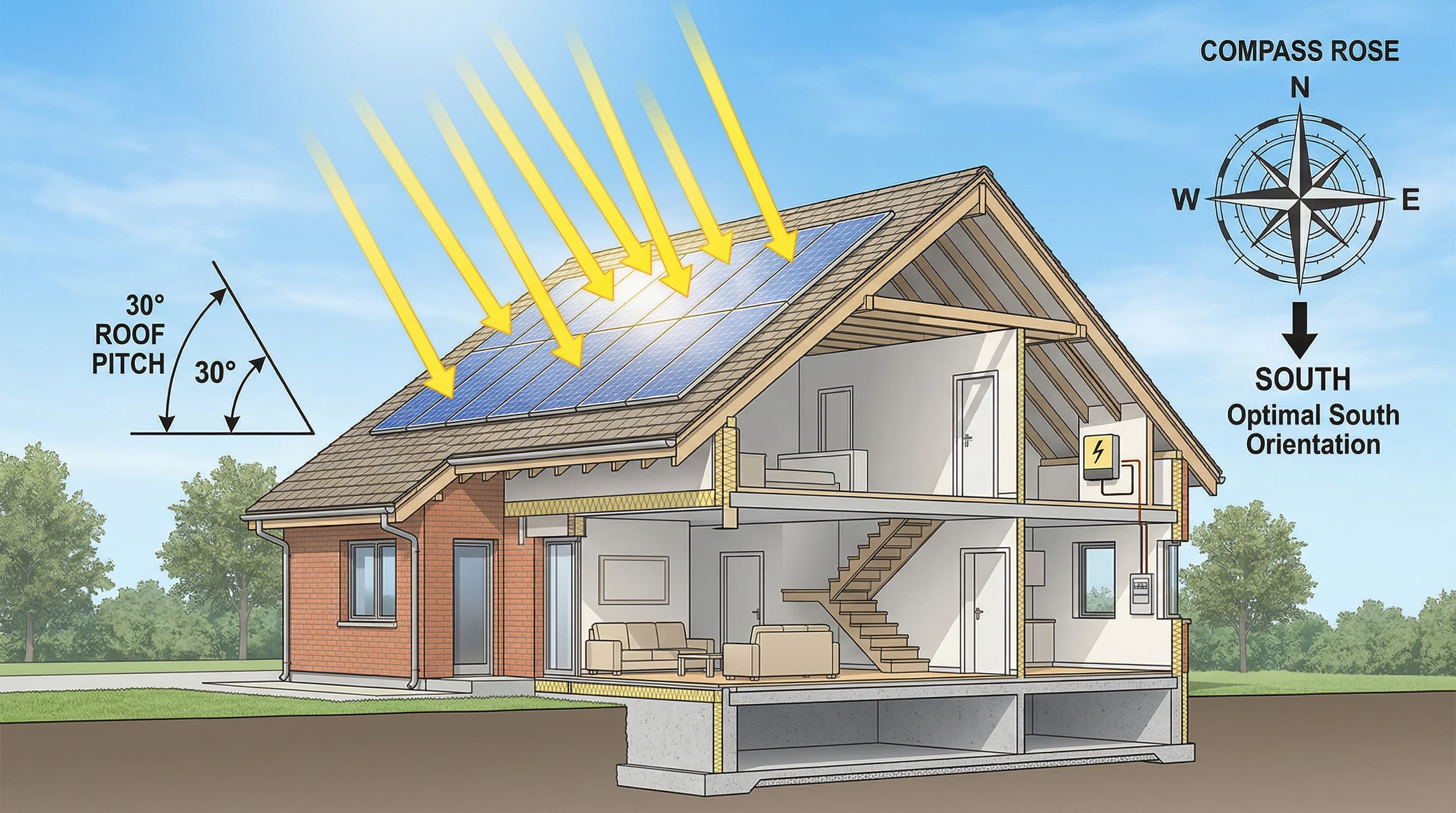 Diagram showing optimal roof pitch and orientation for solar panels at 42 degrees north latitude in Massachusetts