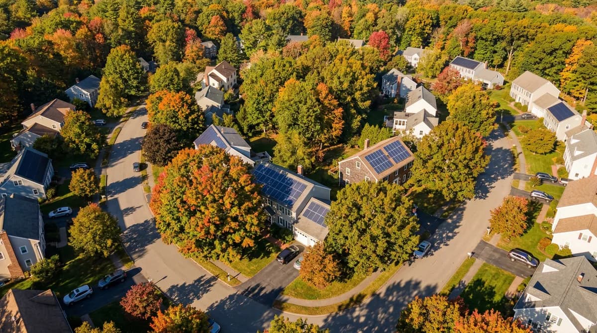 Massachusetts home with trees casting shadows on solar panels