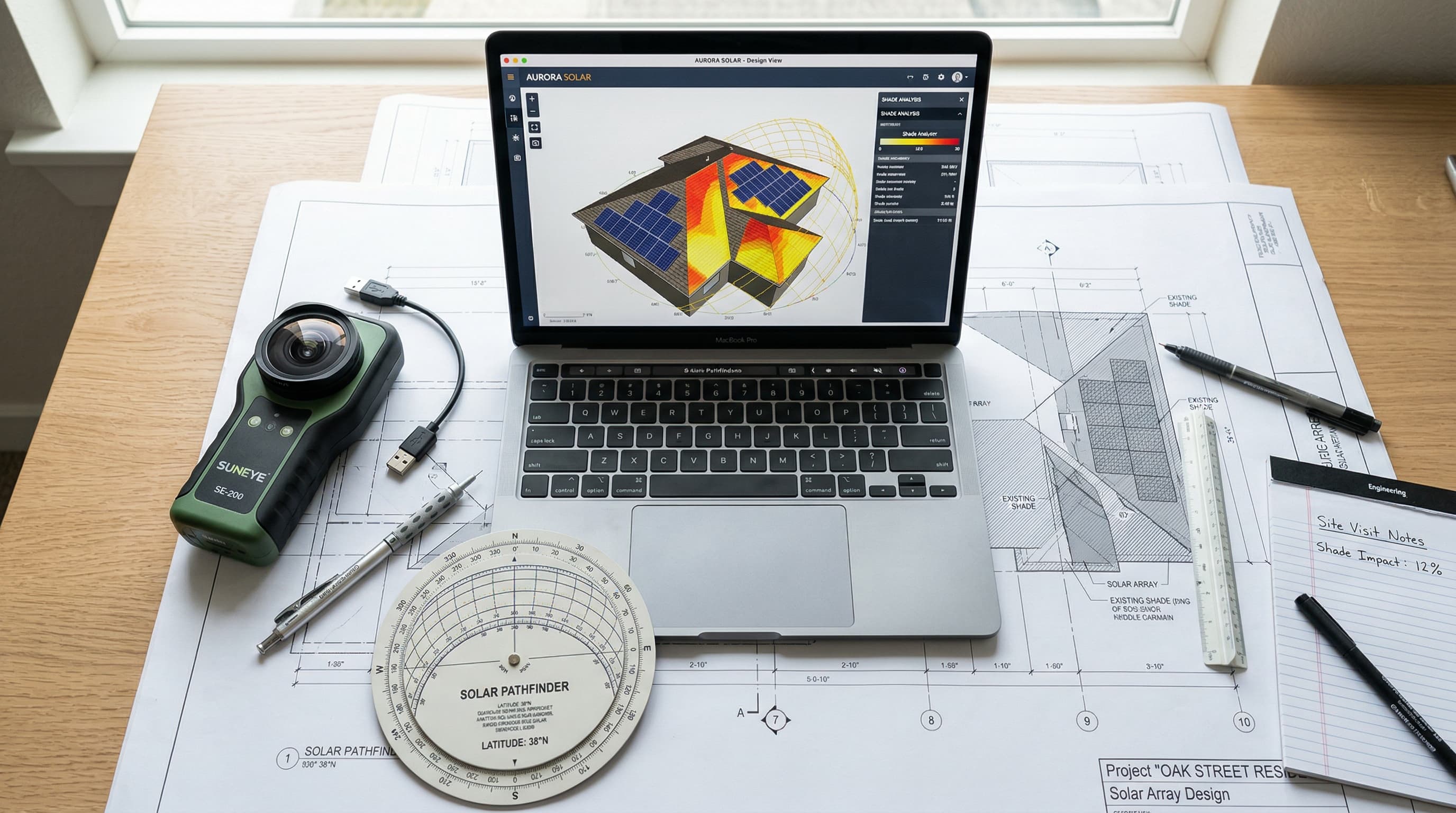 Solar shade analysis tools including Aurora Solar software and SunEye device