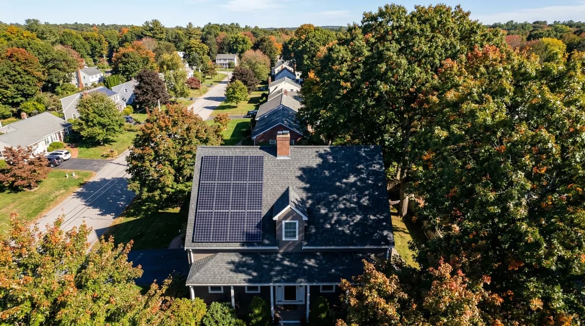 Massachusetts residential rooftop with shade from oak trees, illustrating how tree coverage impacts solar panel production