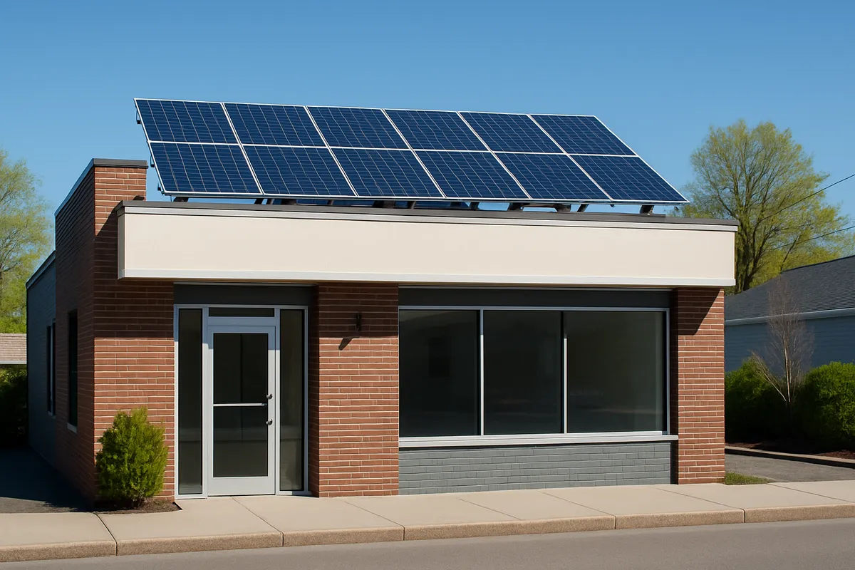 Small business building with solar panels on flat commercial roof in Massachusetts