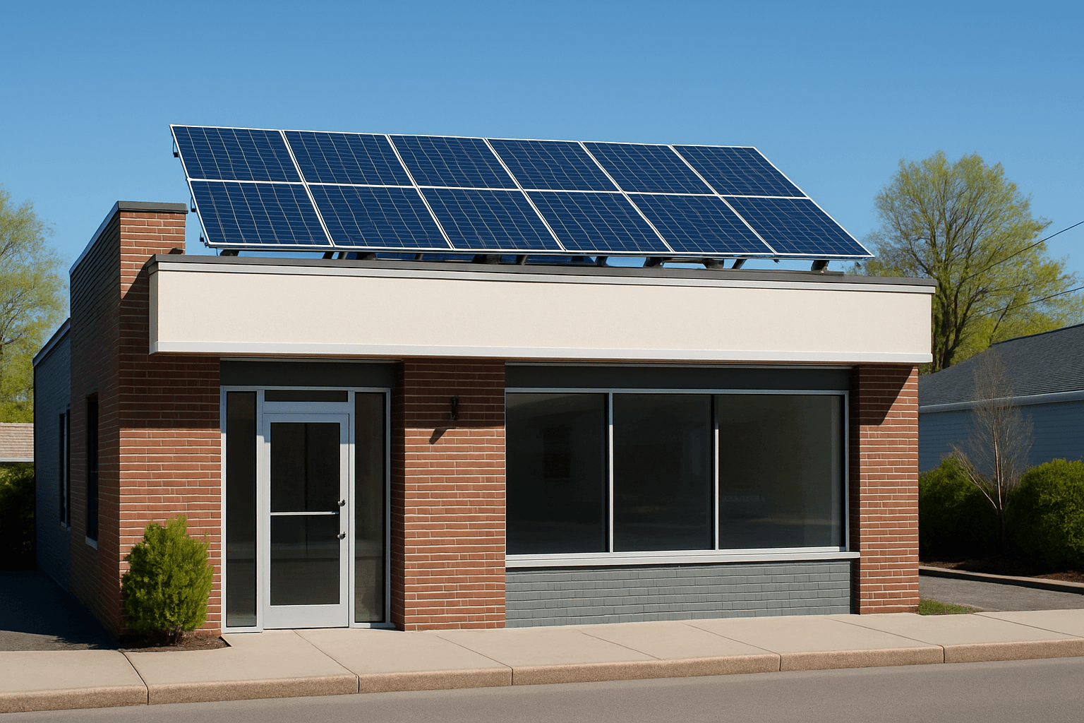 Small business building with solar panels on flat commercial roof in Massachusetts