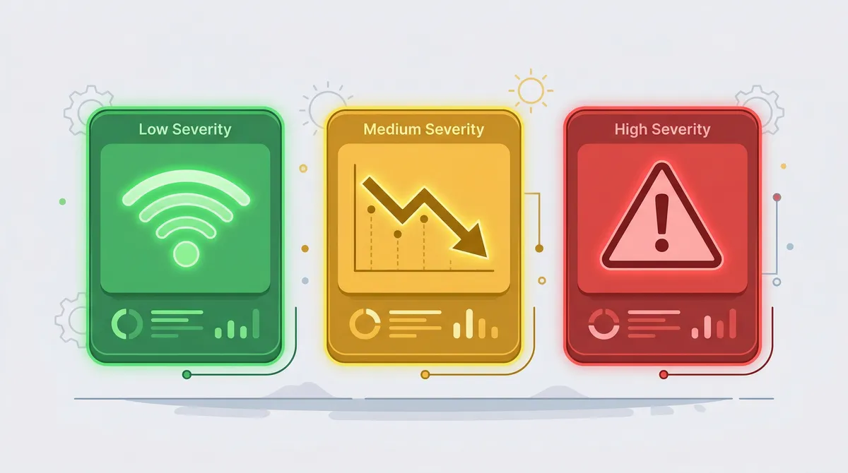 Solar monitoring alert types showing low, medium, and high severity indicators