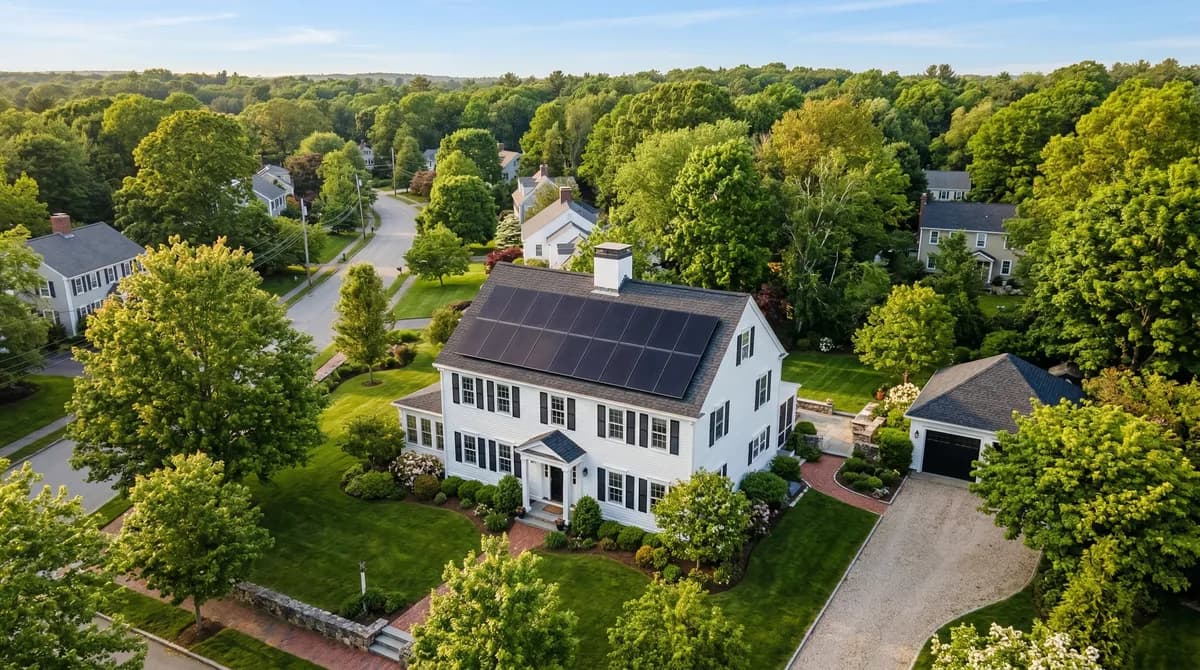 Massachusetts home with solar panels and heat pump water heater installation in basement