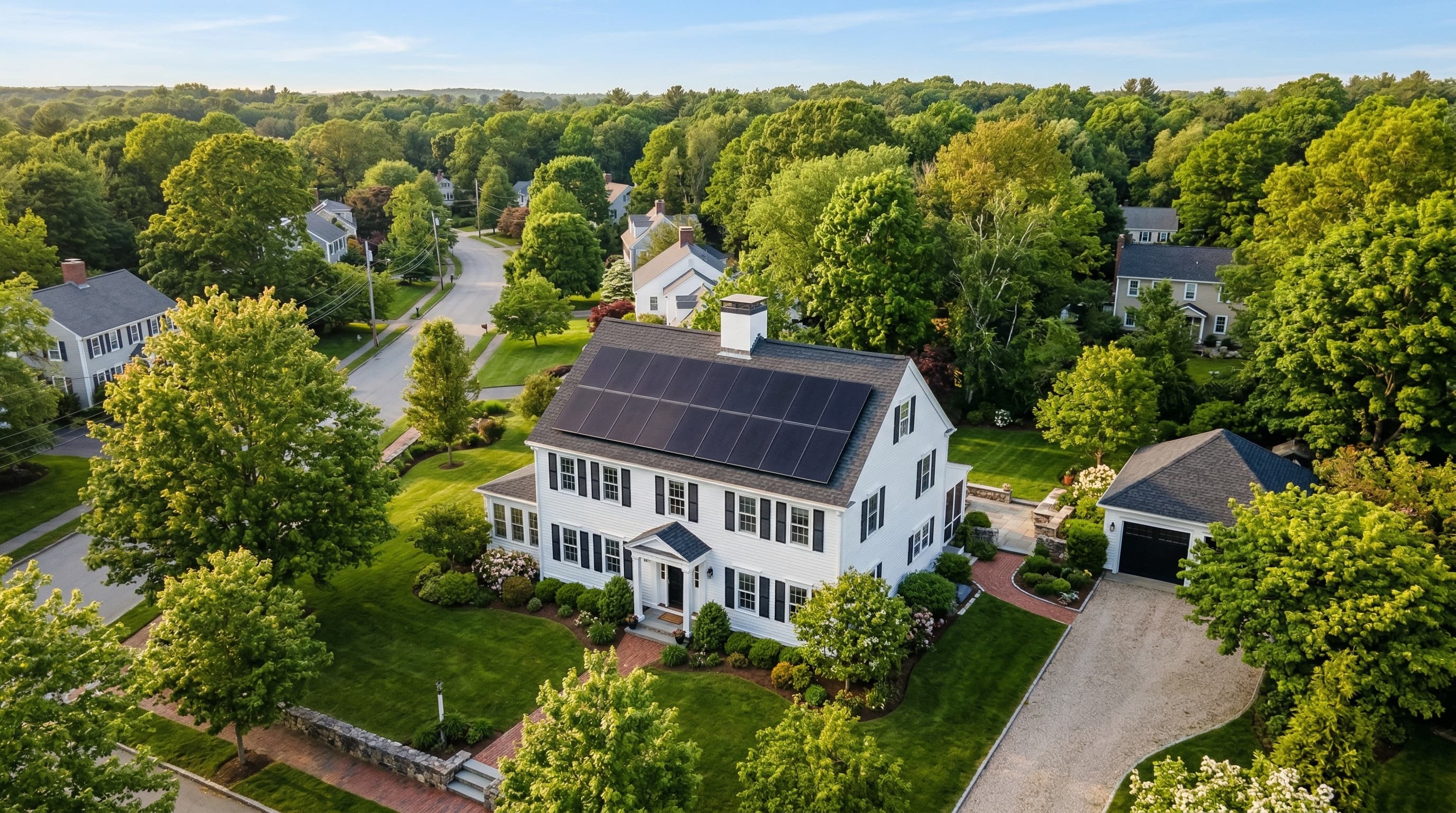 Massachusetts home with solar panels and heat pump water heater installation in basement